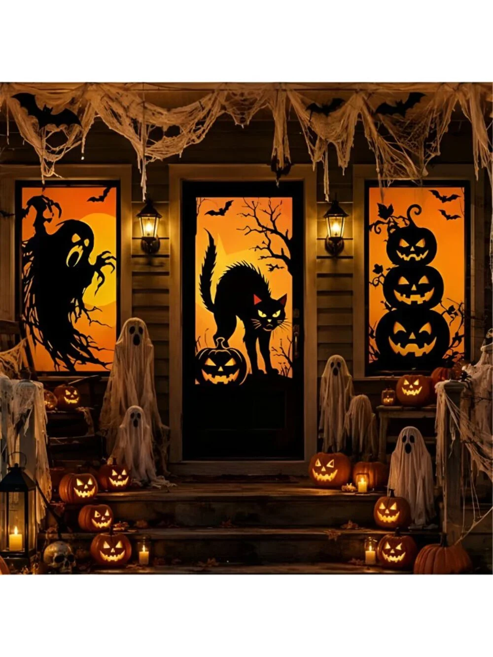 3 Pcs Halloween Ghost Silhouette Window Decor Large Ghost Black Cat Pumpkin
